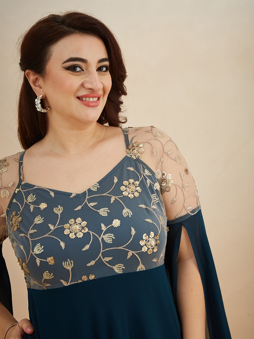 Teal V-Neck Full Sleeve Embroidered Fit & Flare Georgette Maxi Dress for Women