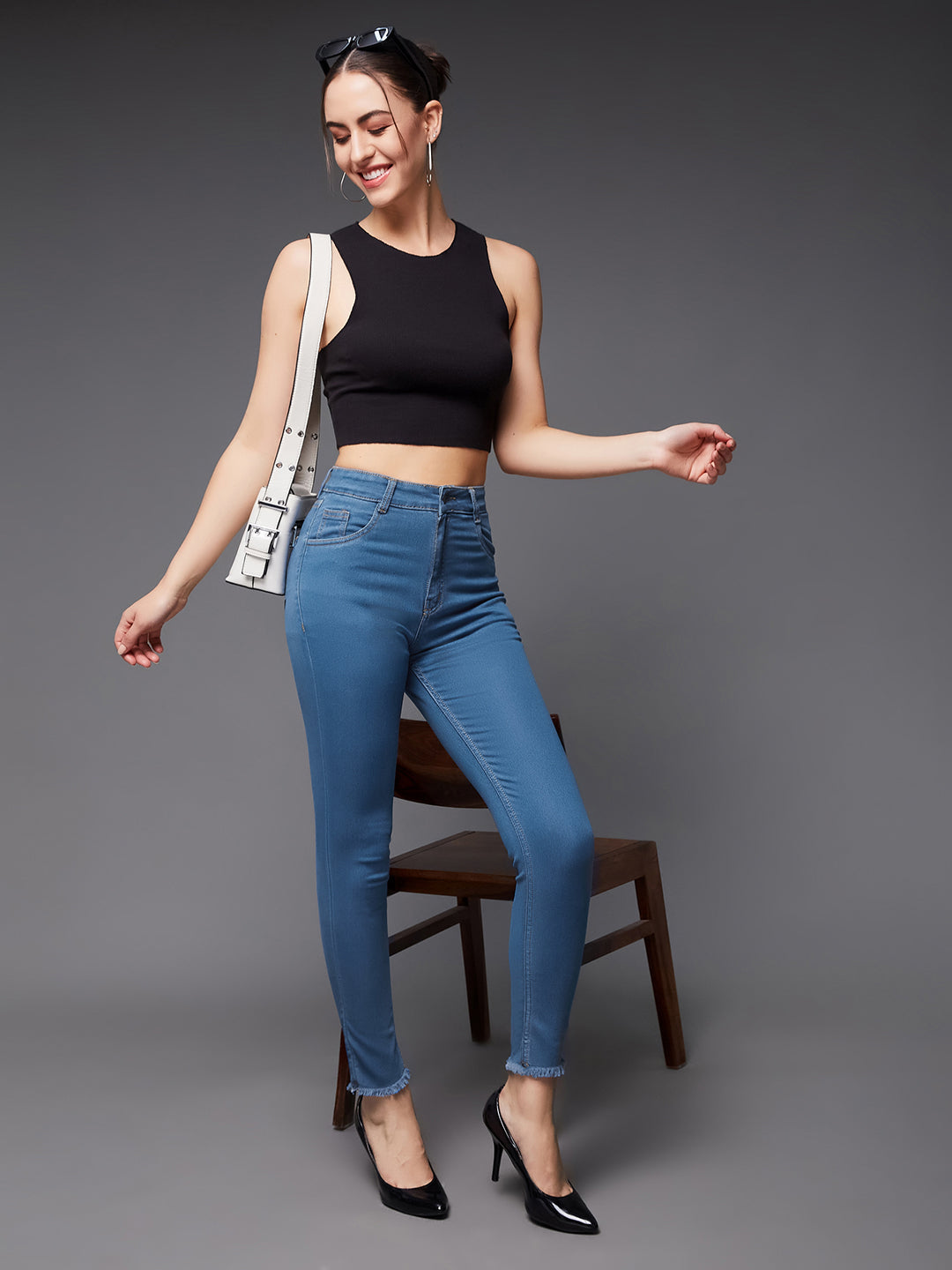 Women's Blue Skinny High-Rise Cropped-Length Fringe Detailing Stretchable Denim Jeans