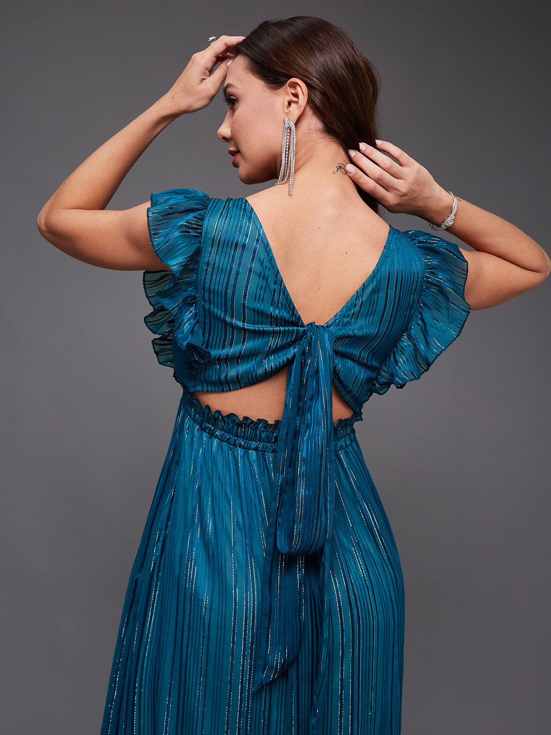 Teal Ruffled Sleeves Shimmery Maxi Dress Long Dress Gown Frock for Women | Birthday Party Dresses