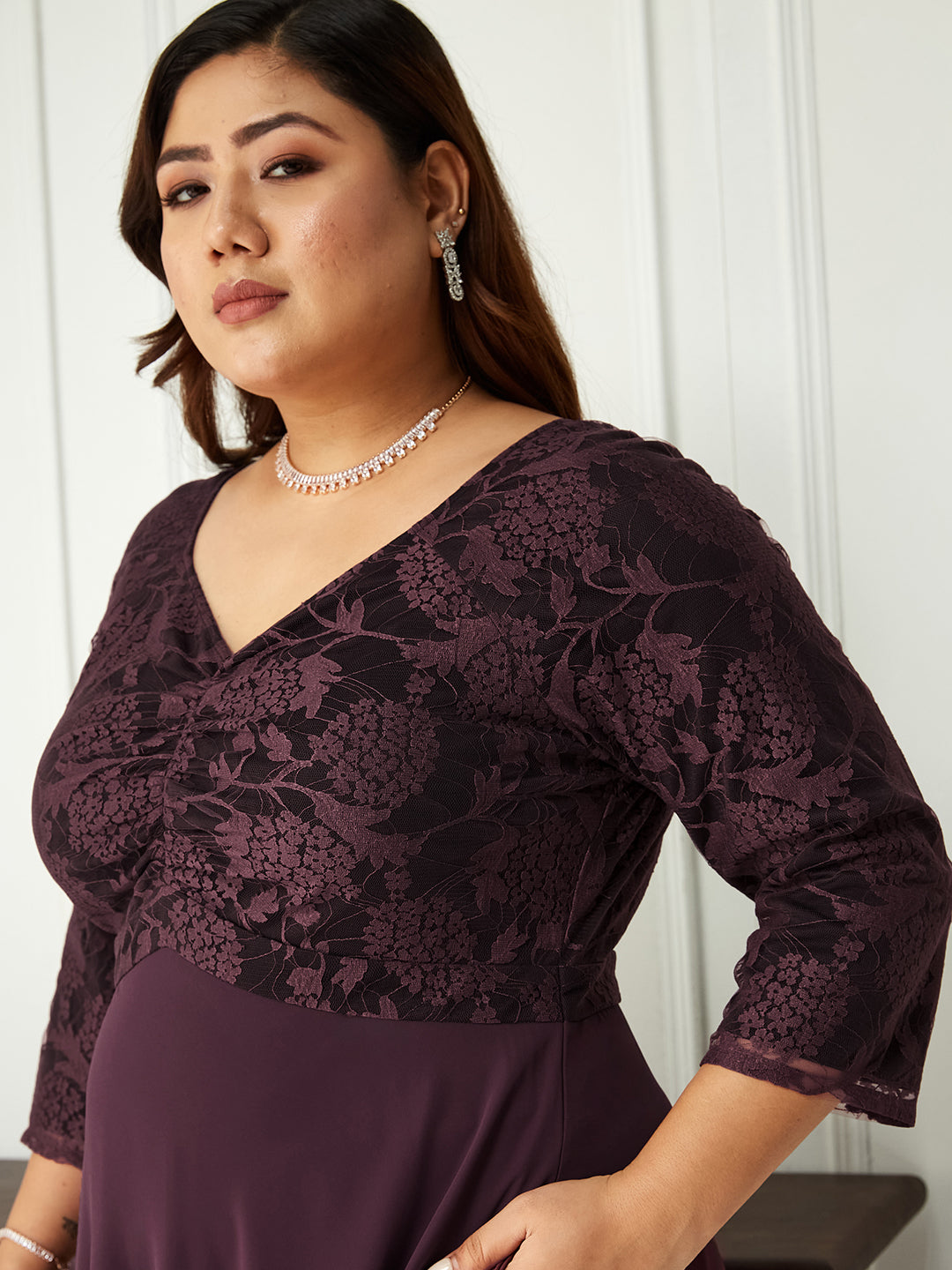 Mauve Long Sleeves Lace Empire Maxi Dress Long Dress Gown Frock for Women | Birthday Party Dresses