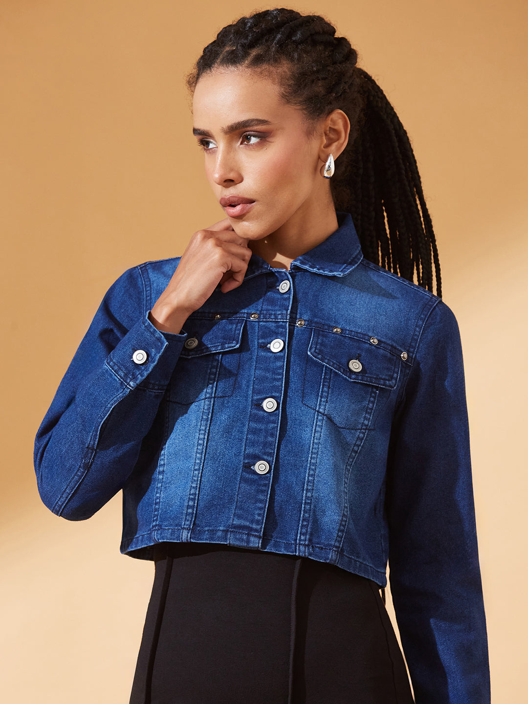 Navy-Blue Solid Polo Neck Full Sleeves Buttoned Denim Embellished Cropped Jacket for Women
