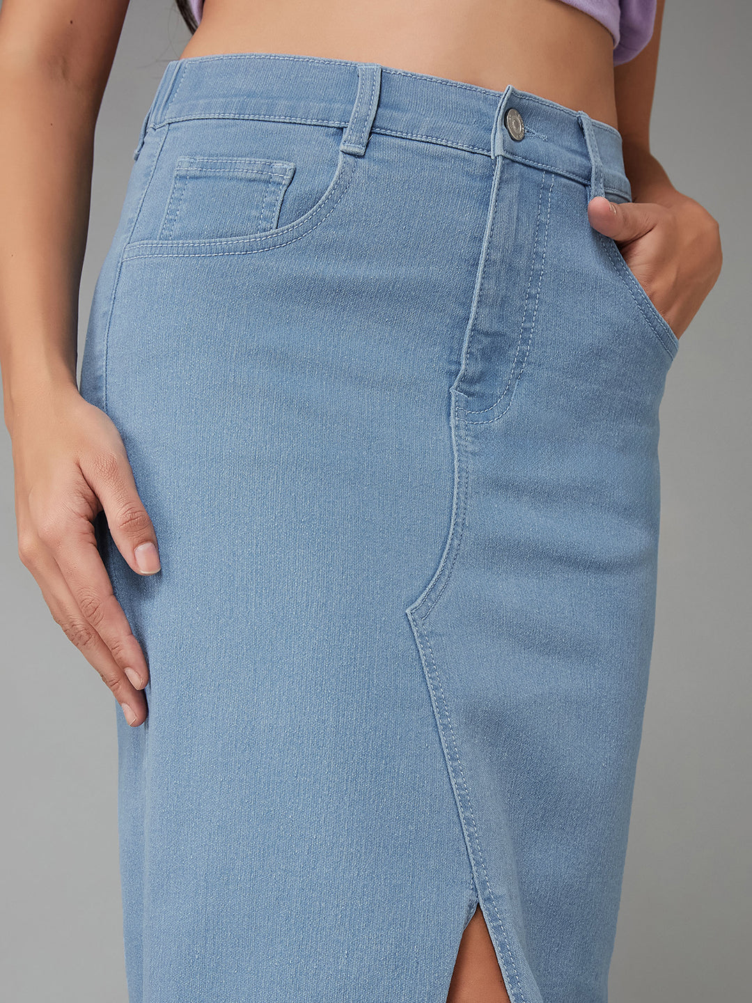 Women's Light Blue Straight-Fit High-Rise Clean-Look Stretchable Denim Midi Skirt