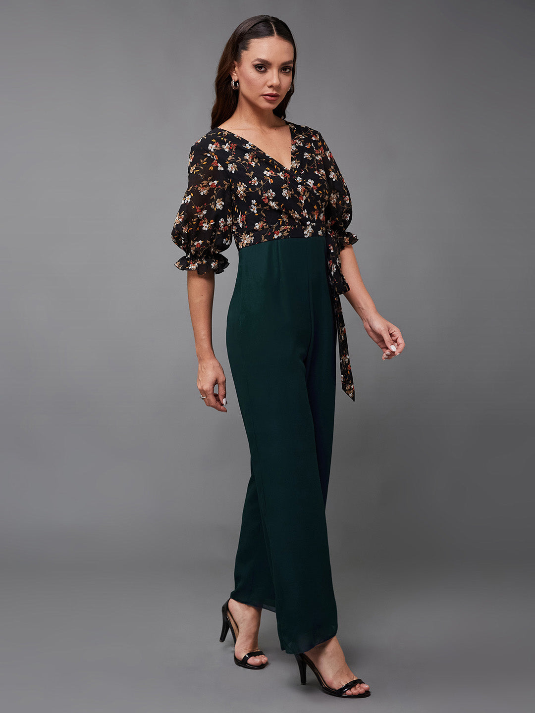Women's Multicolored-Base-Teal V-Neck Puff Sleeve Floral Patterned Wrap Regular Georgette Jumpsuit