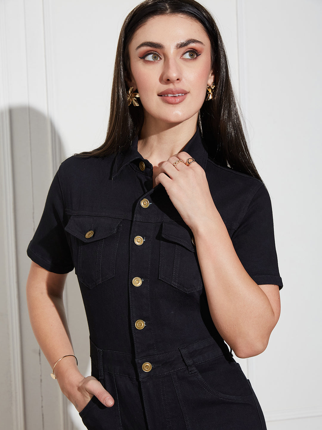 Women's Black Flared High Rise Regular Stretchable Denim Jumpsuit