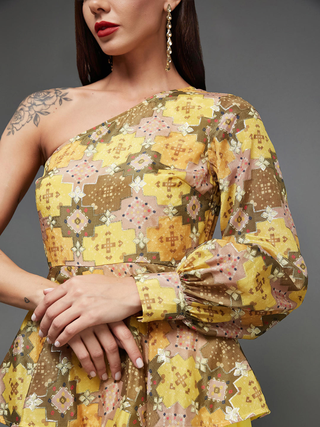 Women's Multicolored-Base-Yellow Geometric One Shoulder Neck Bishop Sleeves Georgette Layered Regular-Length Jumpsuit