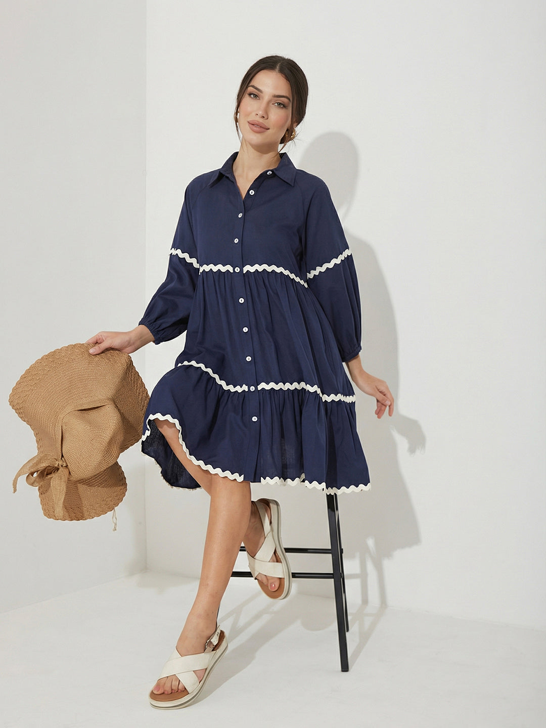 Navy Blue Cotton Shirt Dress with Balloon Sleeves and Classic Collar for Women