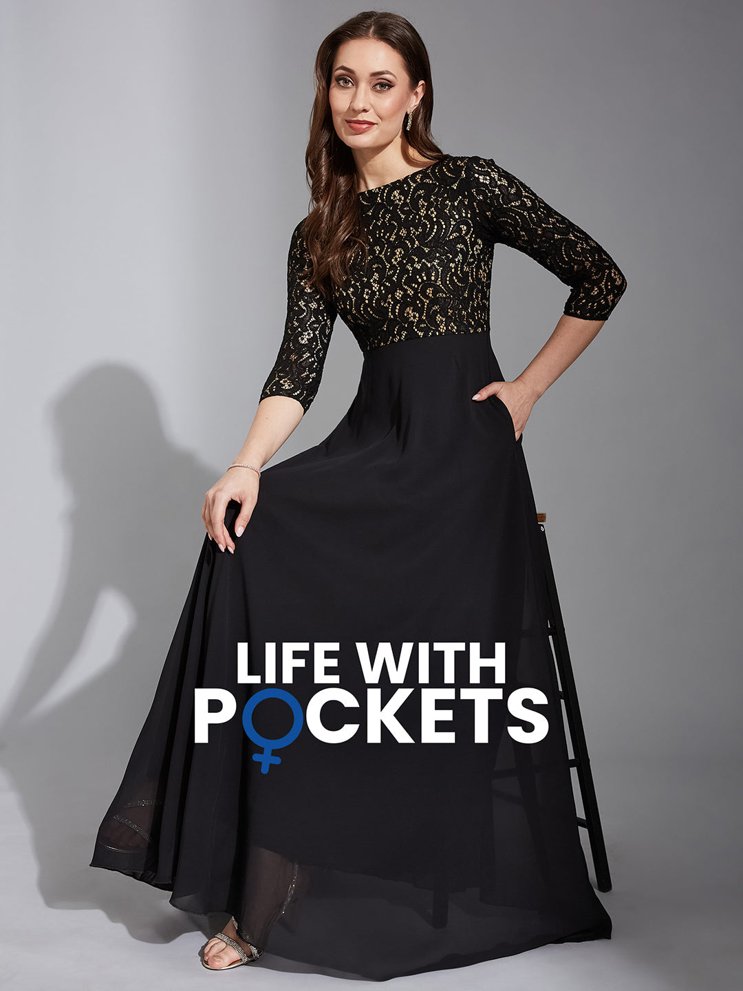 Women's Black Self Design Boat Neck 3/4 Sleeves Side Pocketed Georgette Fit and Flare Maxi Length Dress