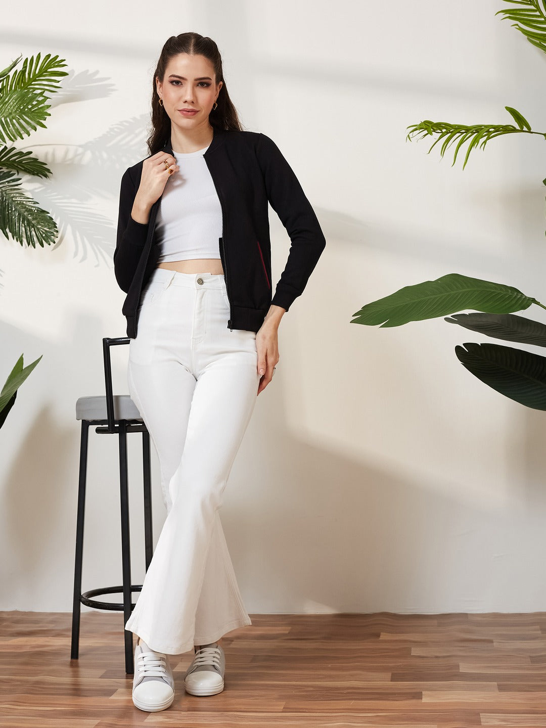 Black Round Neck Full Sleeve Cotton Solid Multicolored Twill Tape Detailing Bomber Jacket for Women