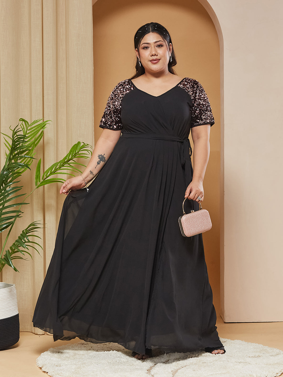 Black Half Sleeves Sequinned Fit and Flare Maxi Dress for Women