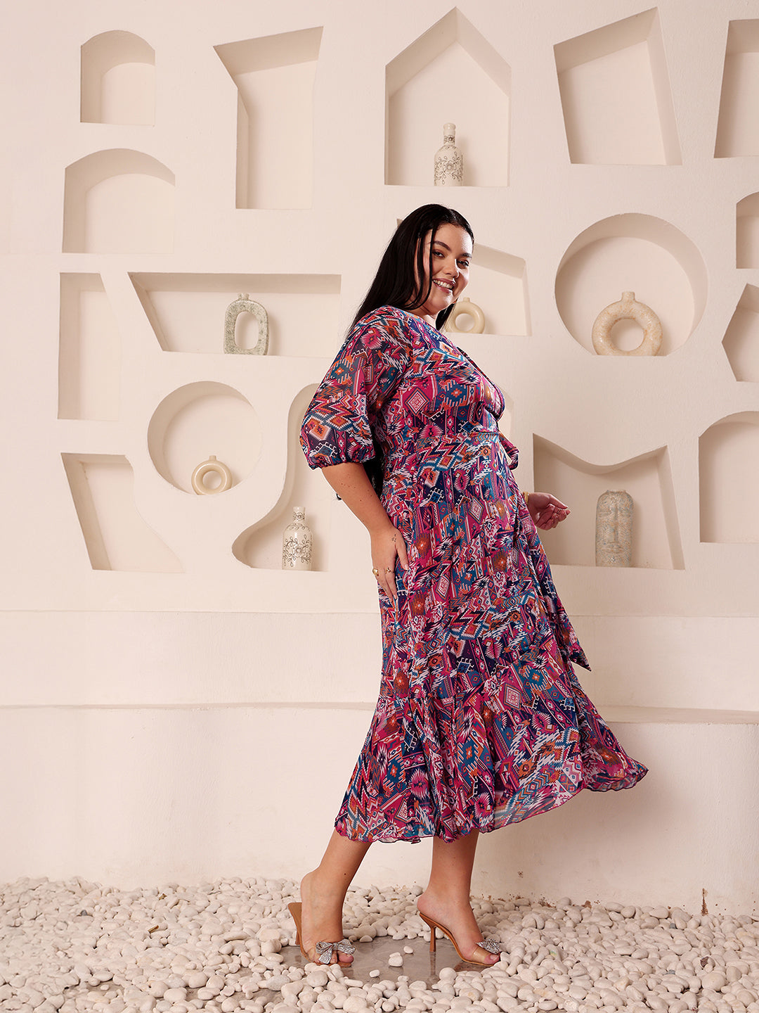 Body Bliss Multicolored V-Neck Three-Quarter Sleeve Geometric Patterned Wrap Midi Chiffon Dress