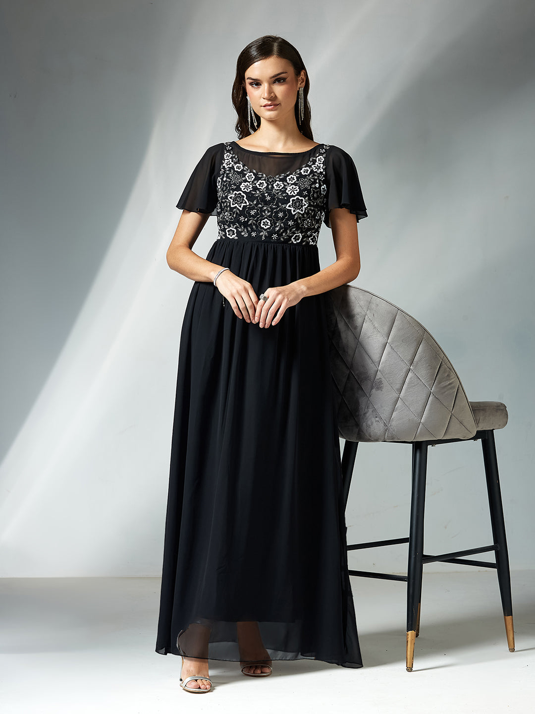 Women's Black Embellished Gathered Maxi Dress