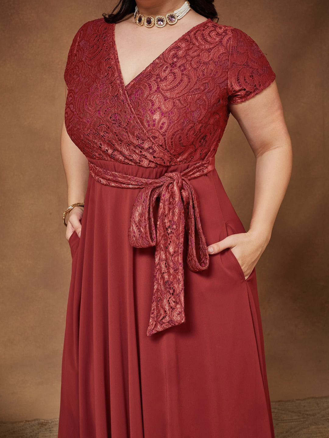 Brick Red V-Neck Short Sleeve Self-Designed Lace Overlaid Georgette Maxi Dress for Women — Miss Chase A+