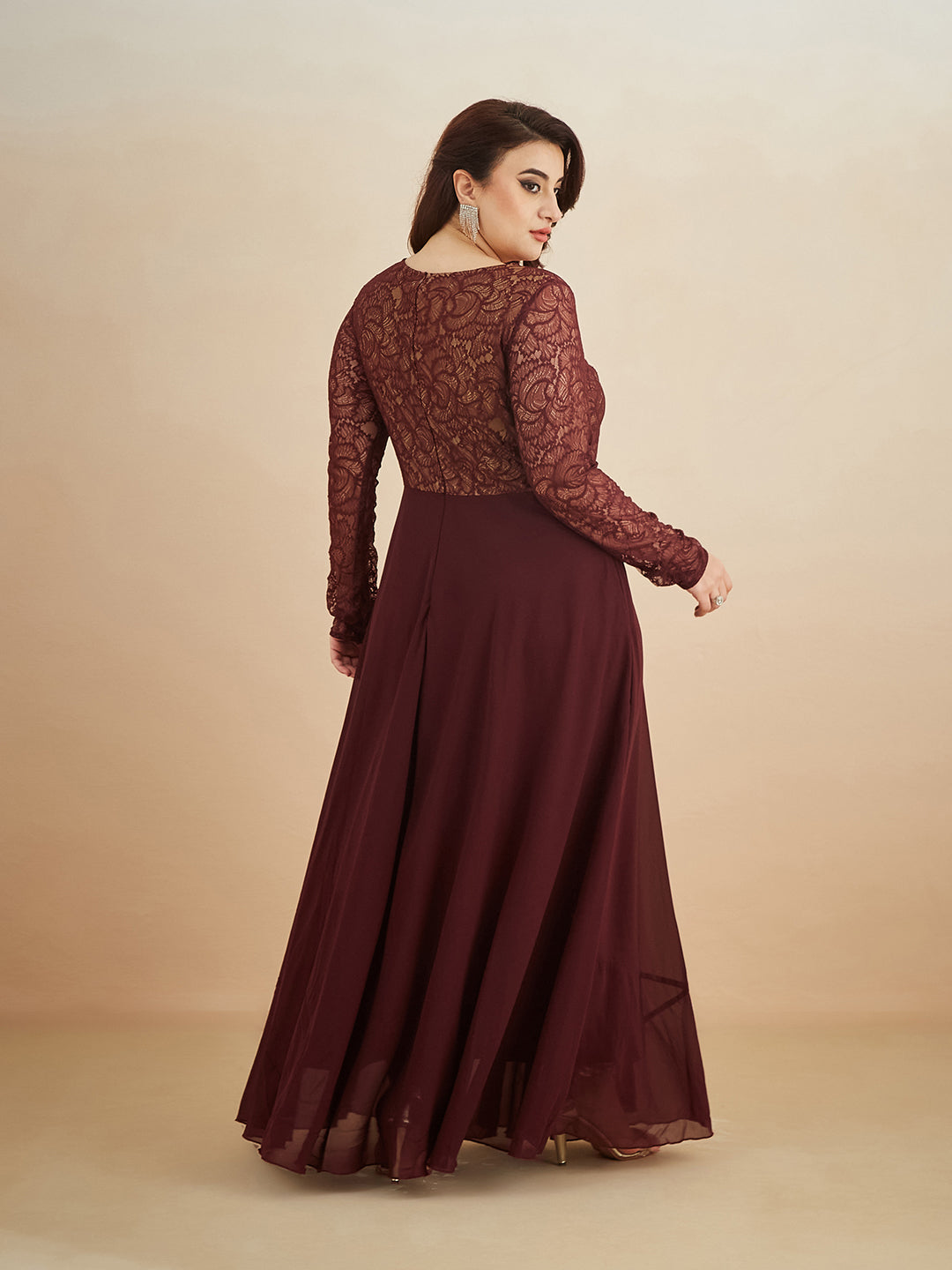 Wine V-Neck Full Sleeve Self Design Lace-Overlaid Georgette Maxi Dress for Women — Miss Chase A+