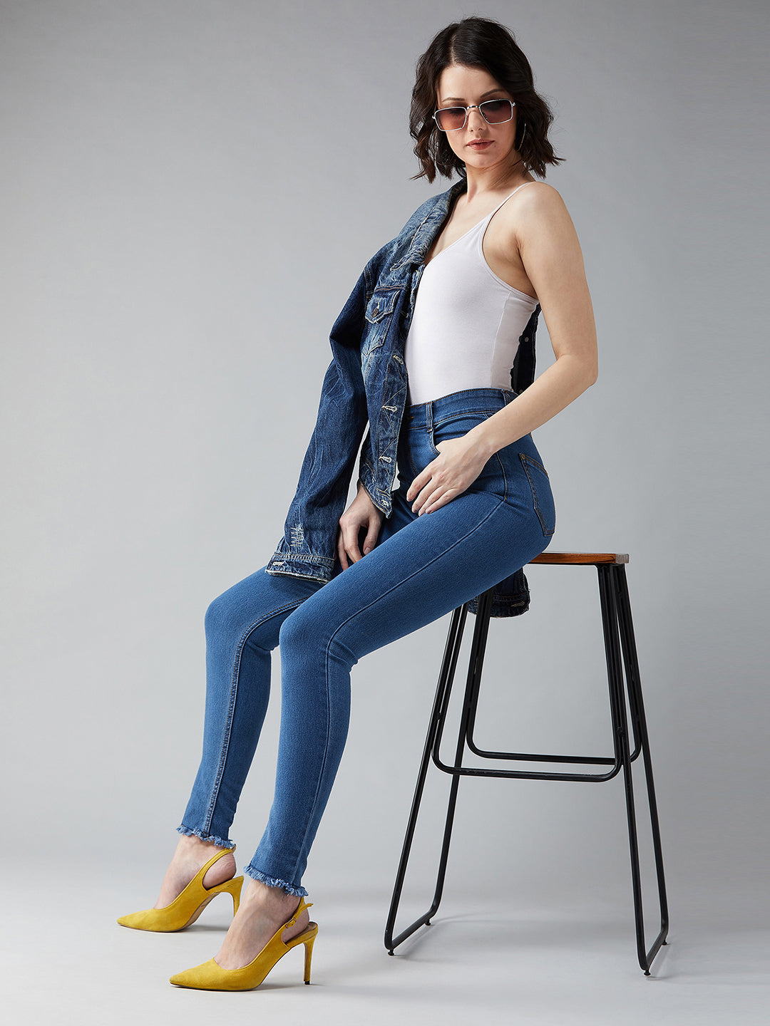 Women's Blue Skinny High-Rise Cropped-Length Fringe Detailing Stretchable Denim Jeans