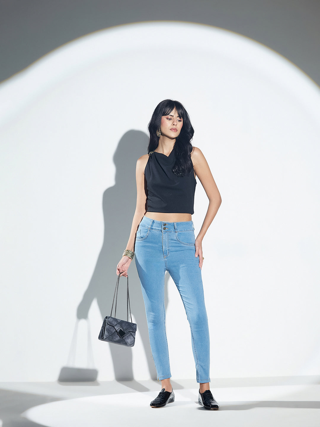 Blue Skinny High-Rise Broad Waist Band Zipper Detailing Denim Jeans For Women