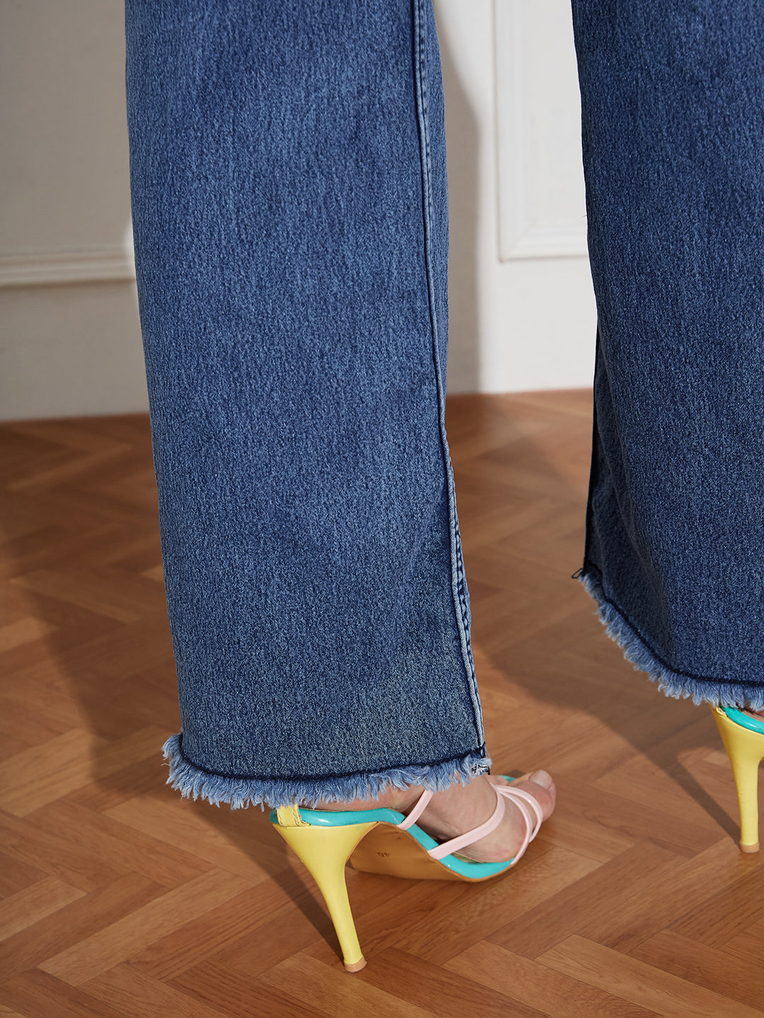 Women's Navy-Blue Wide-Leg High Rise Regular-Length Stretchable Denim Jeans