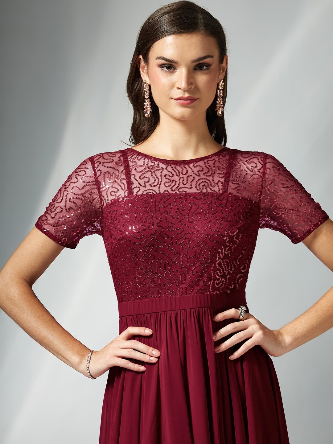 Maroon Relaxed Fit Maxi Georgette & Sequins Dress for Women