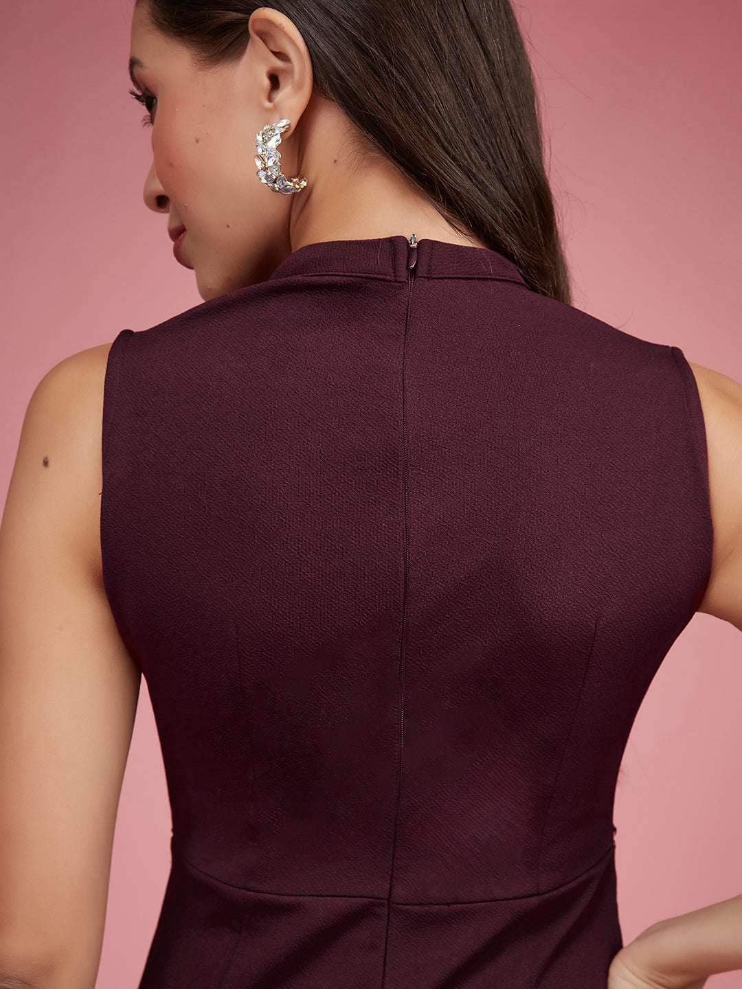 Wine Collared Sleeveless Solid Asymmetric Neck Cut-Out Jumpsuit for Women