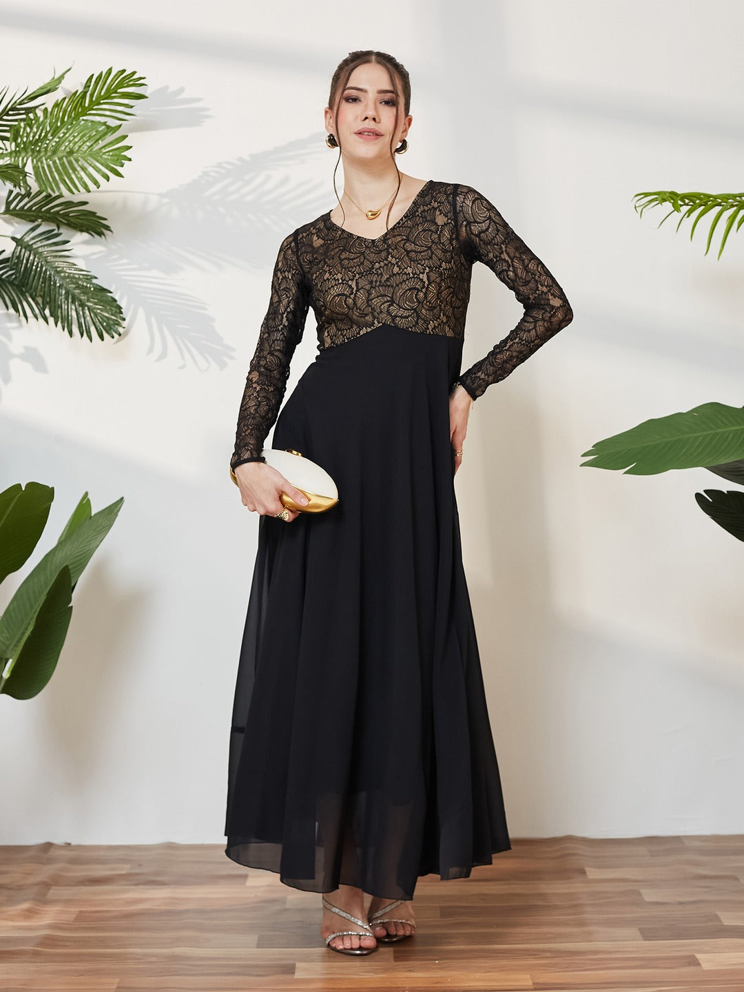 Black V-Neck Full Sleeve Self Design Lace-Overlaid Georgette Maxi Dress for Women