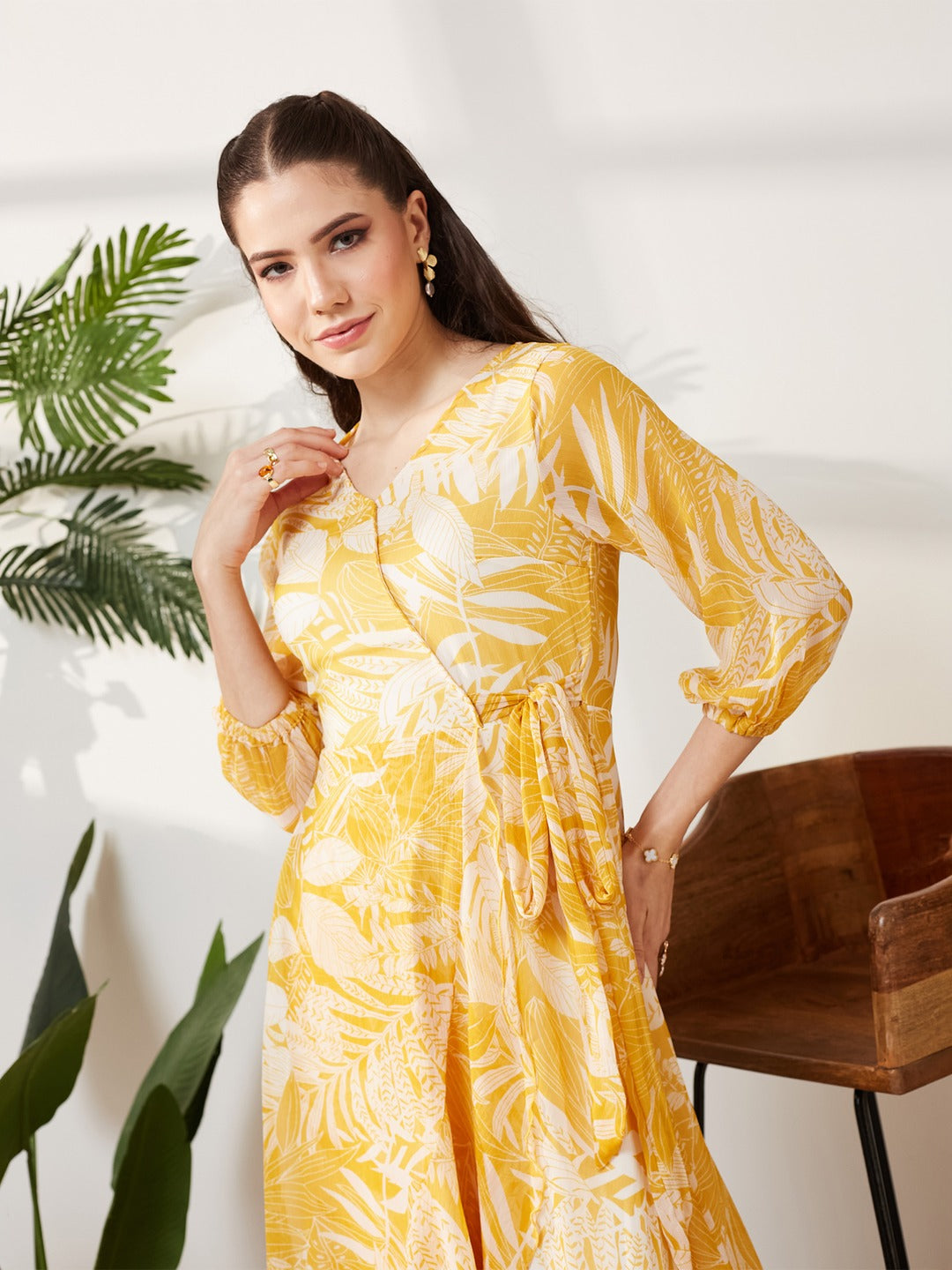 Yellow & White V neck Full sleeve Floral Layered Maxi Dress for Women