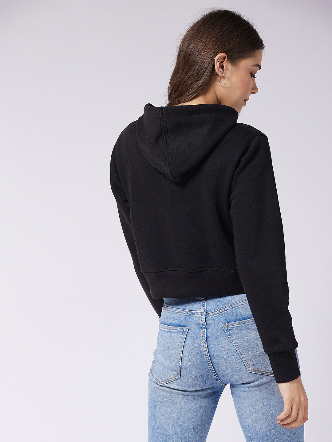 Women's Black Round Neck Full Sleeve Solid Crop Sweatshirt