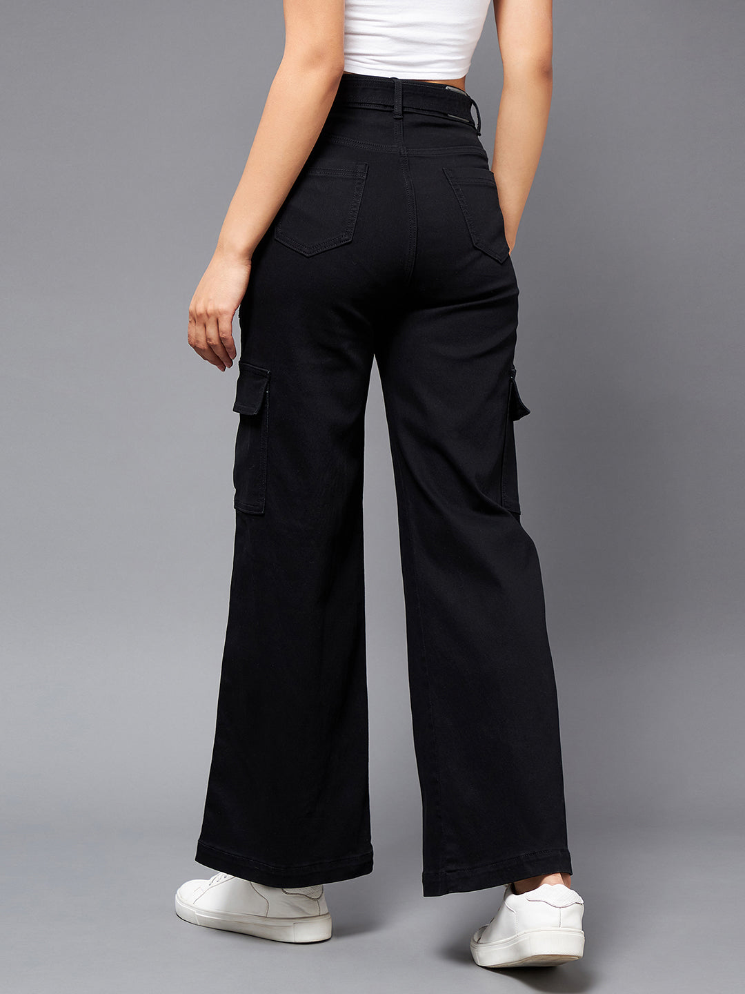 24/7 Comfort Black Wide-Leg Cargo High-Rise Stretchable Denim Jeans