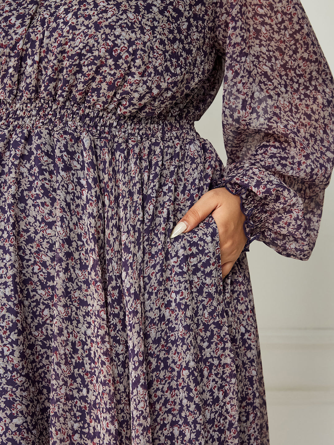 Body Bliss Multicolored-Base-Purple Floral Gathered Chiffon Maxi Dress