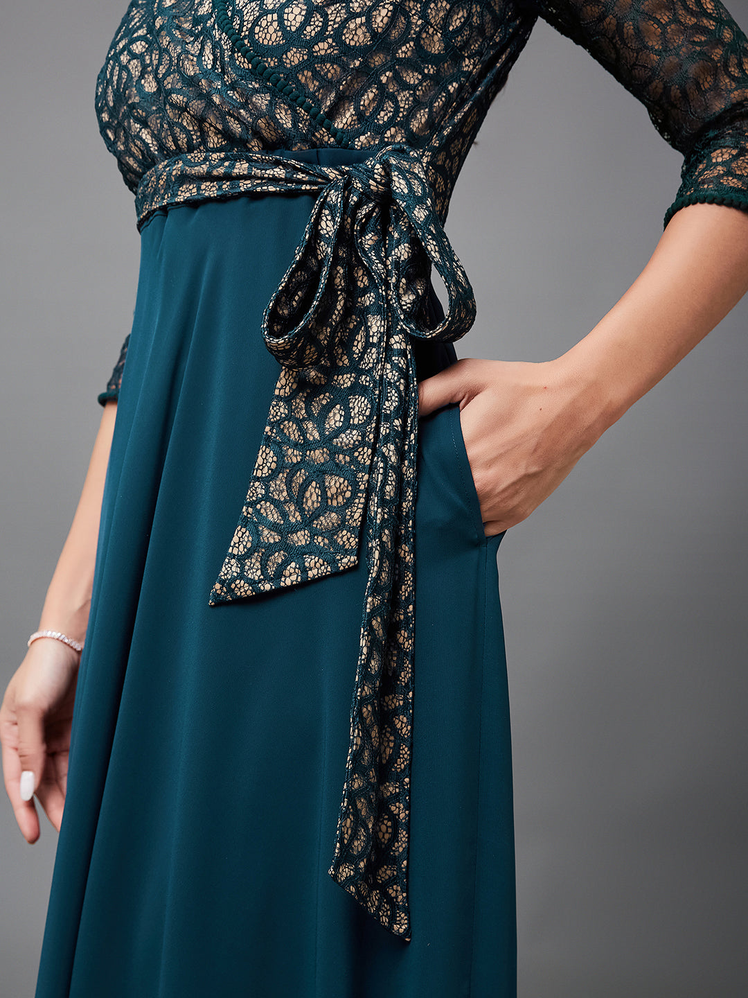 Teal Long Sleeves Fit and Flare Wrap Maxi Dress with Lace Belt for Women | Mehendi to Sangeet Collection
