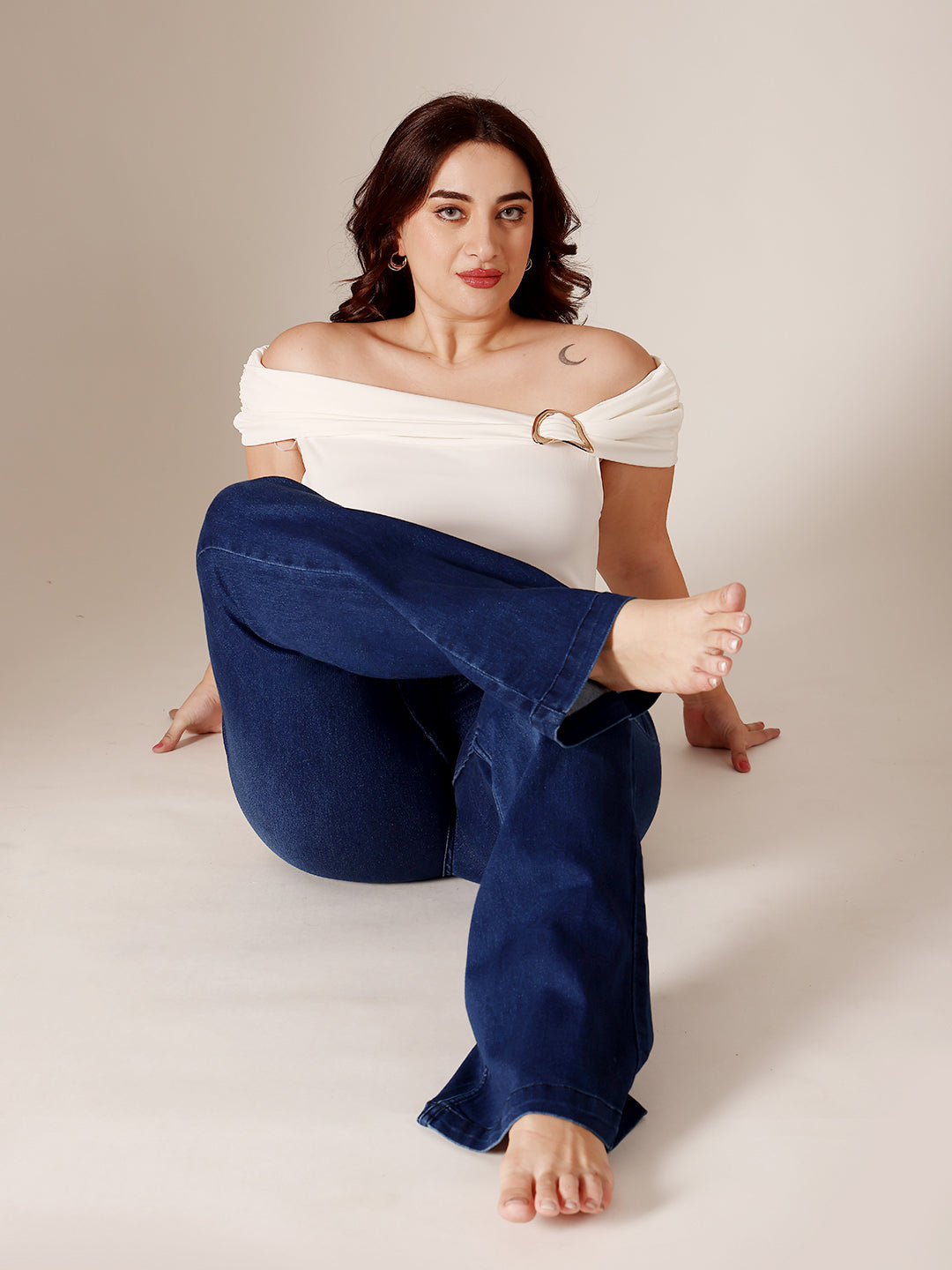 24/7 Comfort Navy Blue High-Rise Clean-Look Regular-Length Stretchable Bootcut Denim Jeans for Women