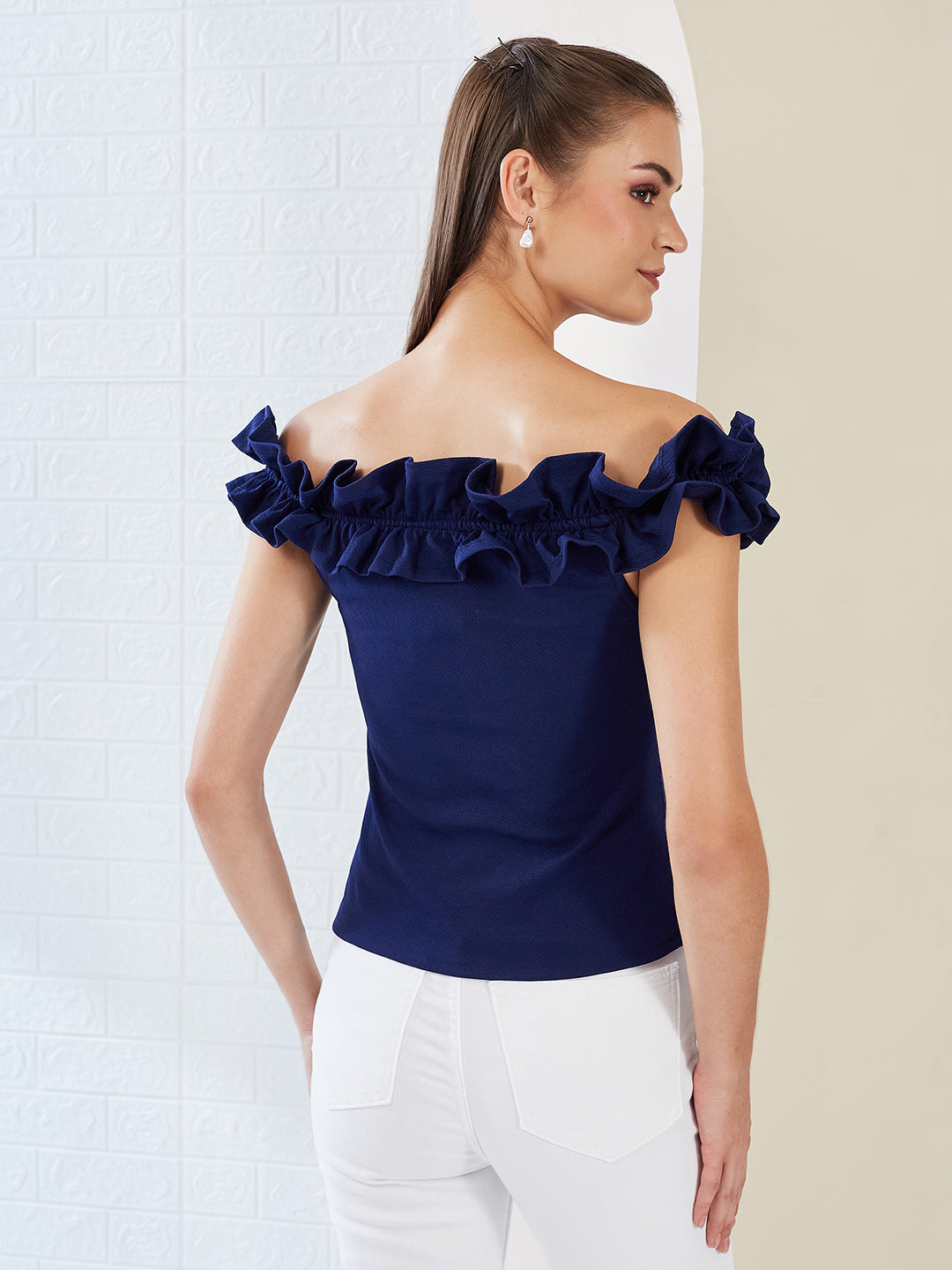 Navy Blue Off Shoulder Sleeveless Solid Ruffled Frilled Gathered Bardot Top for Women
