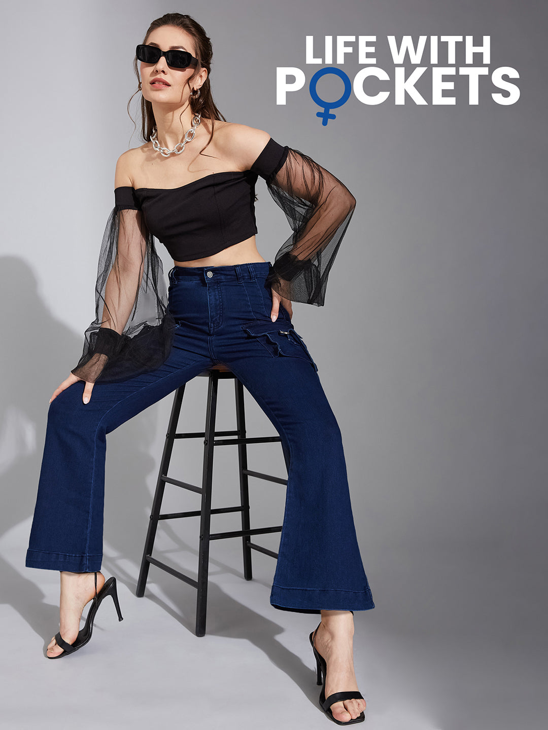 24/7 Comfort Navy-Blue Patch Pockets Bell-Bottom Bootcut High-Rise Stretchable Denim Jeans
