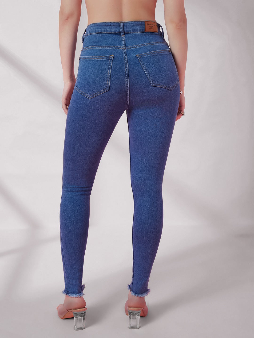 Blue Skinny High-Rise Cropped Length Fringe Detailing Stretchable Denim Jeans for Women