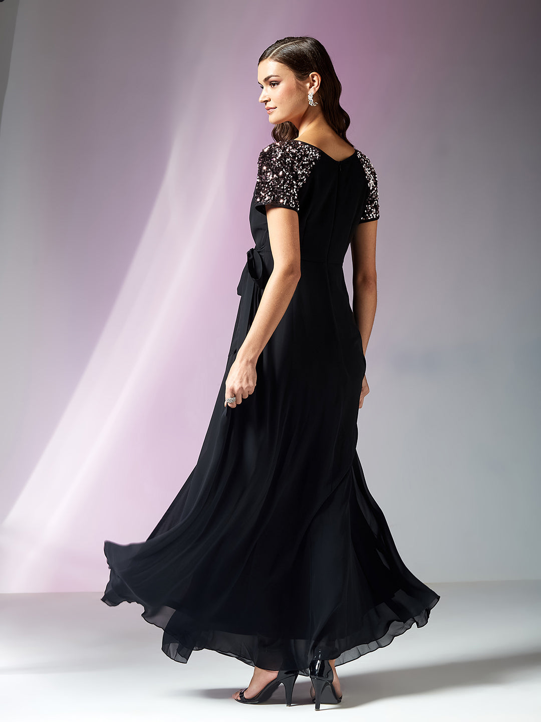 Black Half Sleeves Sequinned Fit and Flare Maxi Dress for Women