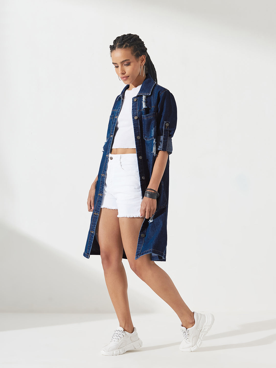 Navy-Blue Solid Polo Neck Full Sleeves Patch Pocket Denim Overcoat Knee-Length Jacket for Women