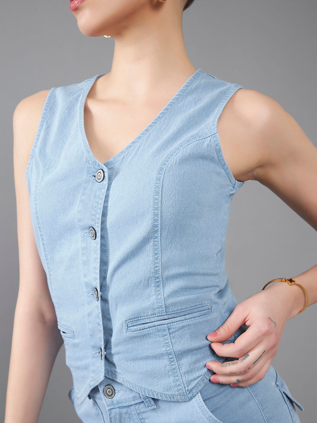 Women's Light Blue Wide-Leg High-Rise Clean-Look Stretchable Light-weight Denim Co-Ord Set
