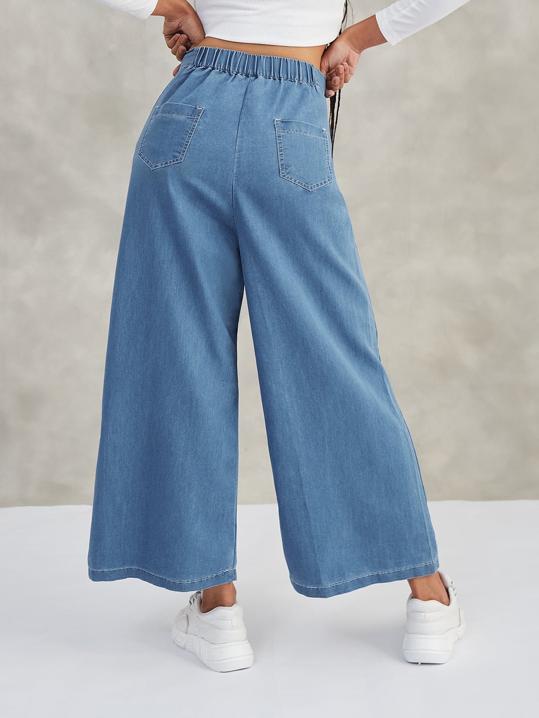 Women's Blue Flared Wide-Leg High-Rise Non-Stretchable Denim Pants
