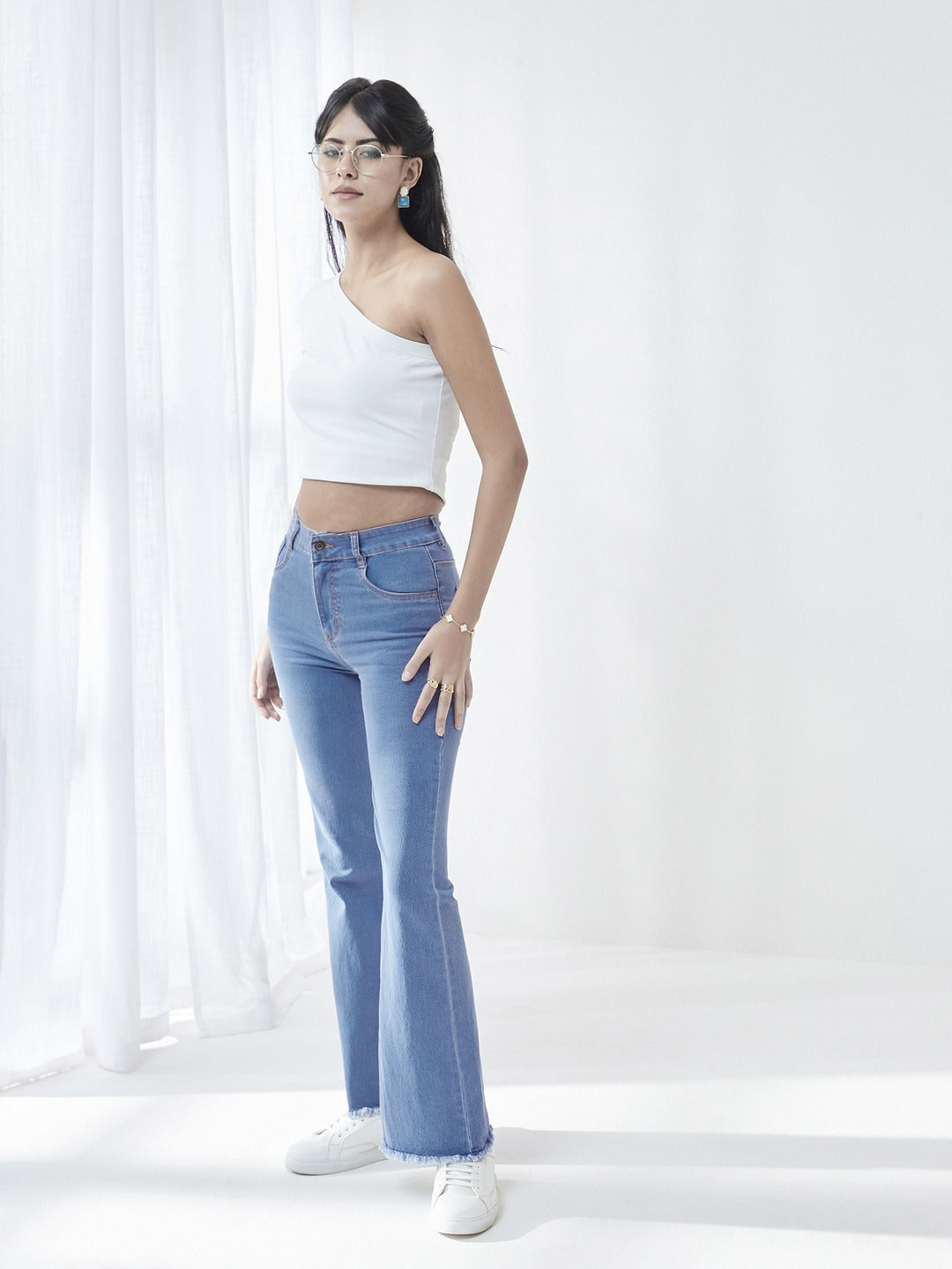 Light Blue Bootcut High rise Clean look Regular Stretchable Denim Jeans for Women