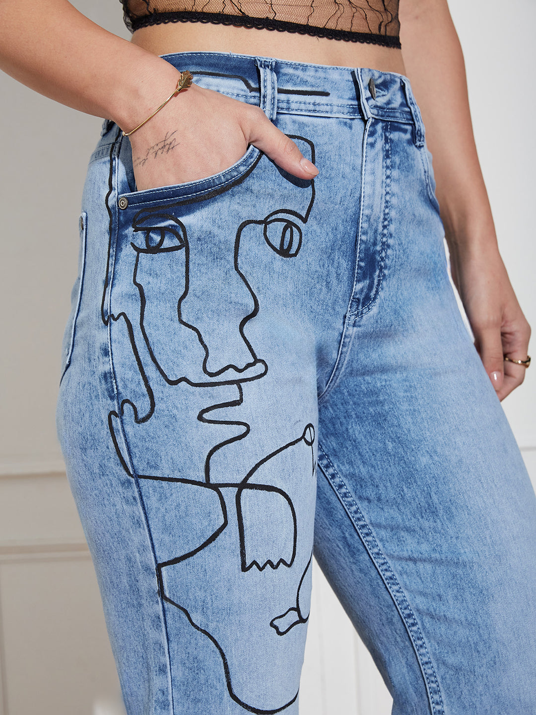 Women's Light Blue Mom Fit High Rise Hand Painted Heavy Wash Stretchable Denim Jeans