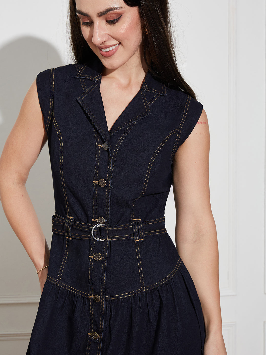 Women's Dark Blue Notched-Collar Sleeveless Solid Drop Waist Maxi-Length Light Weight Denim Shirt Dress