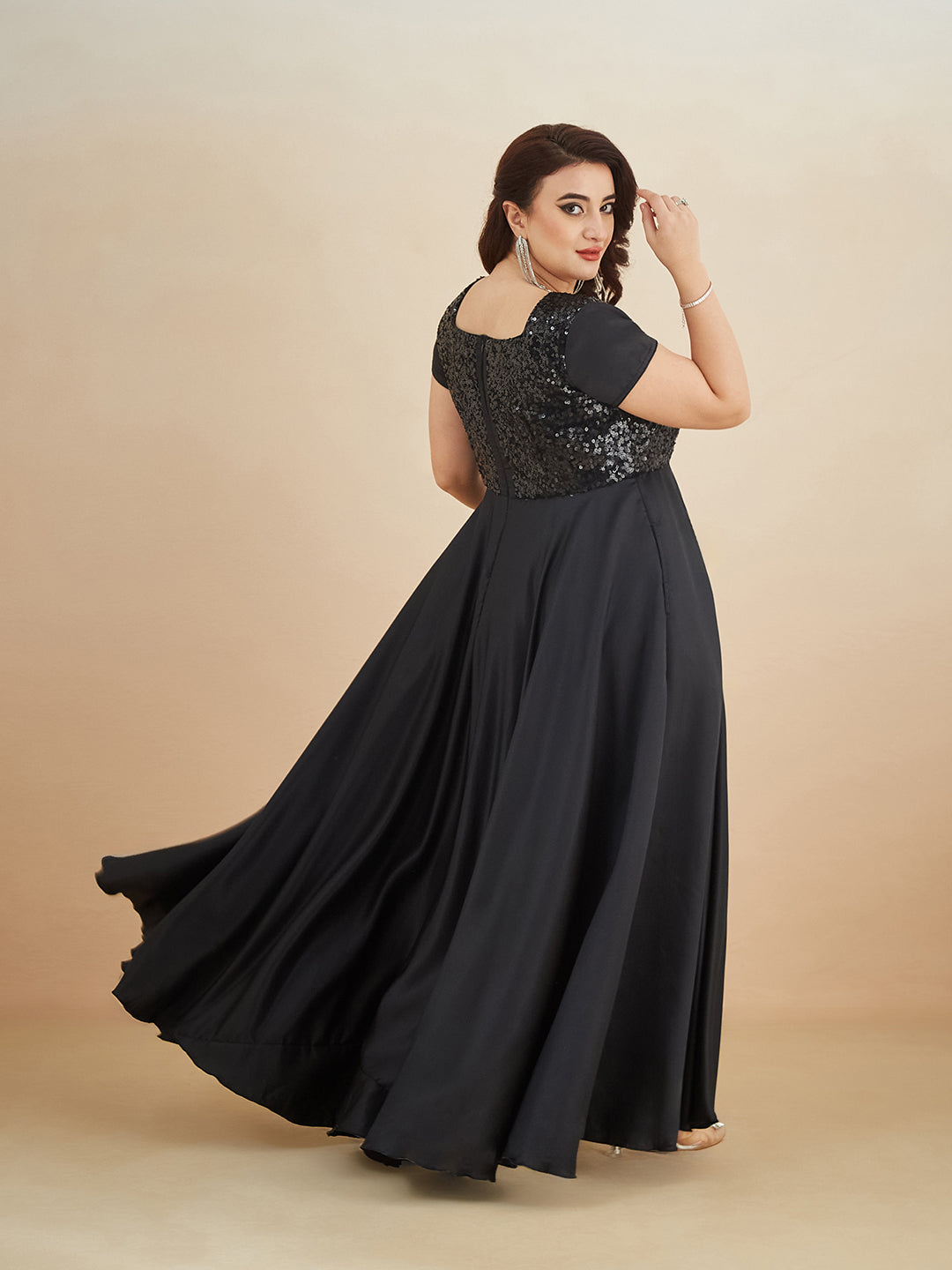 Black Square Neck Short Sleeve Embellished Polyester Fit & Flare Maxi Dress for Women — Miss Chase A+