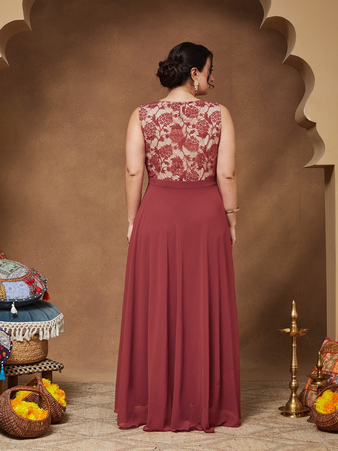 Brick Red & Dusty Green Boat Neck Sleeveless Self Design Lace Overlaid Regular Dress for Women