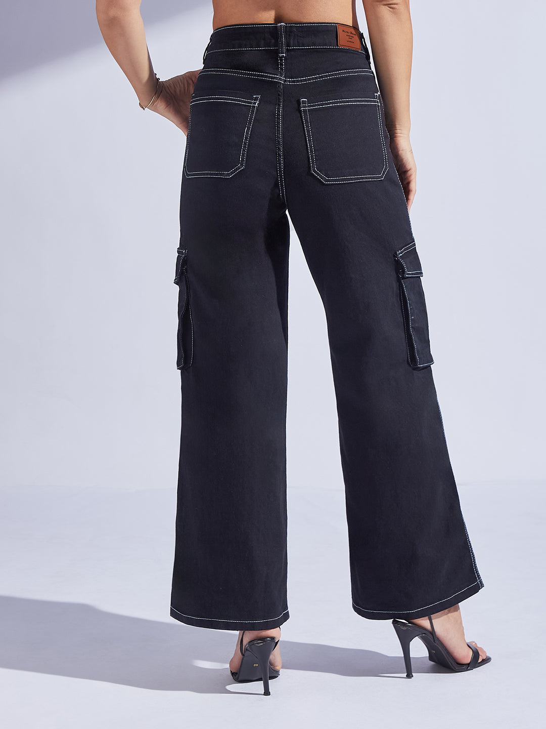 Women's Black Wide-Leg High-Rise Stretchable Patch-Pocketed Denim Jeans