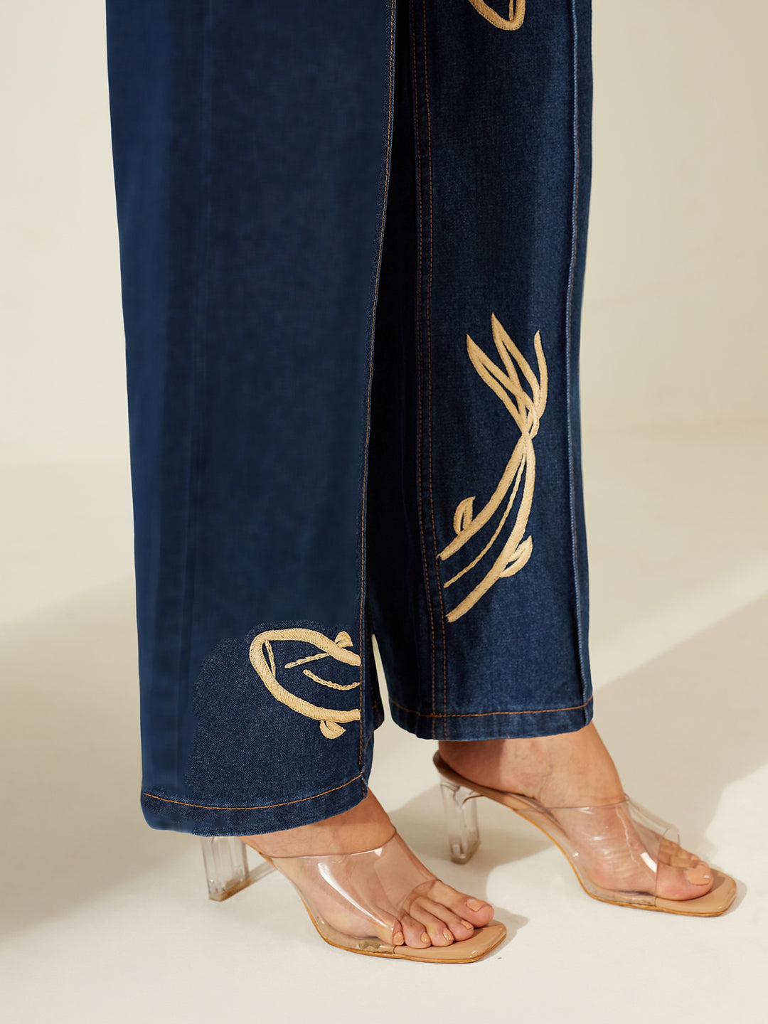 Navy Blue Wide-Leg High-Rise Non-Stretchable Denim Jeans with Hand-Crafted Contrast Beige Embroidery for Women