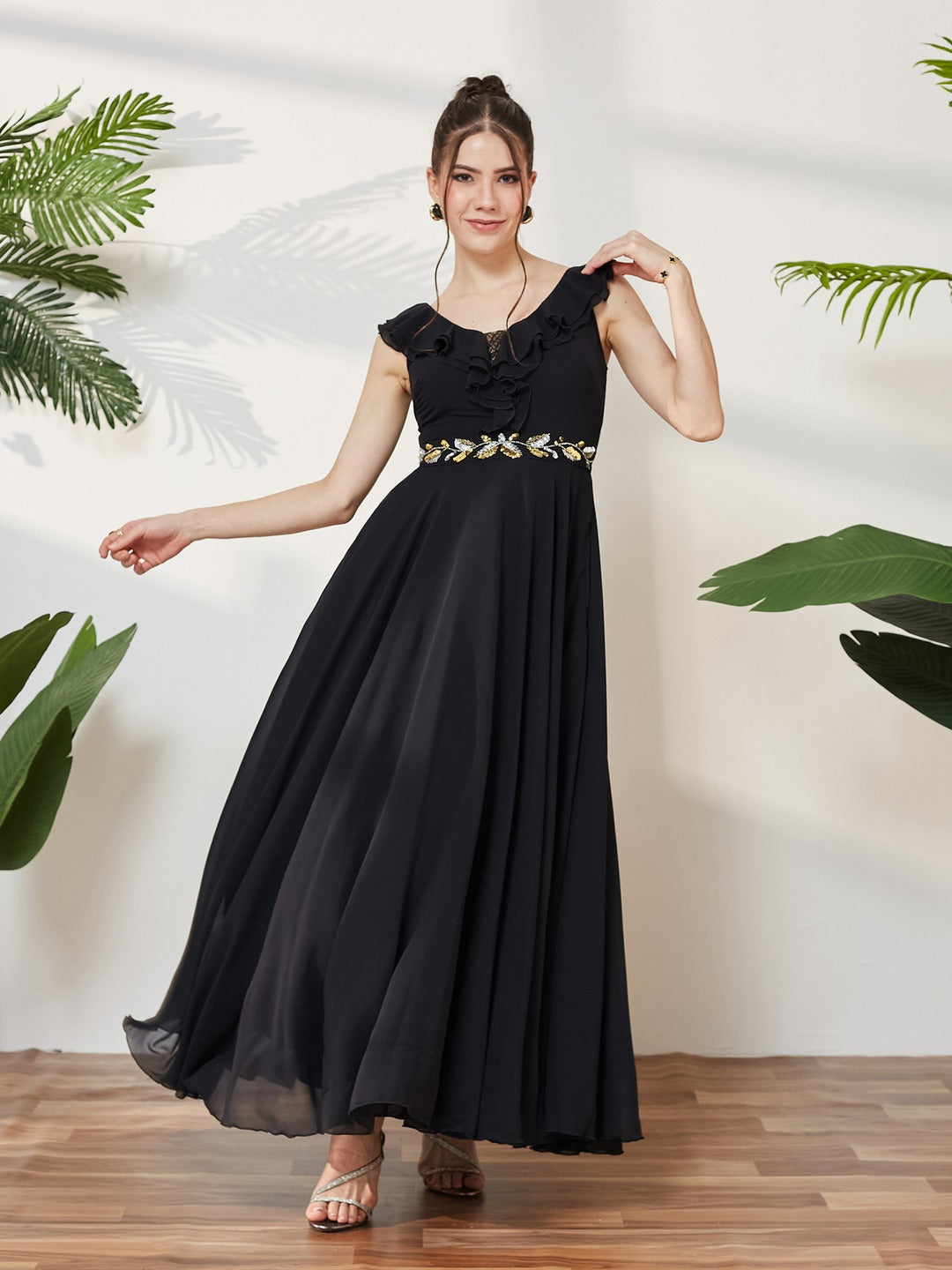 Black Sleeveless Embroidered Ruffled Georgette Maxi Dress for Women