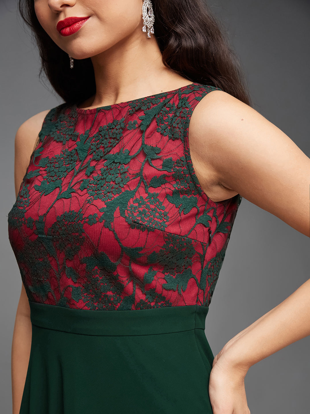 Dark Green Sleeveless Fit and Flare Lace Dress for Women | Indowestern Mehendi to Sangeet Collection