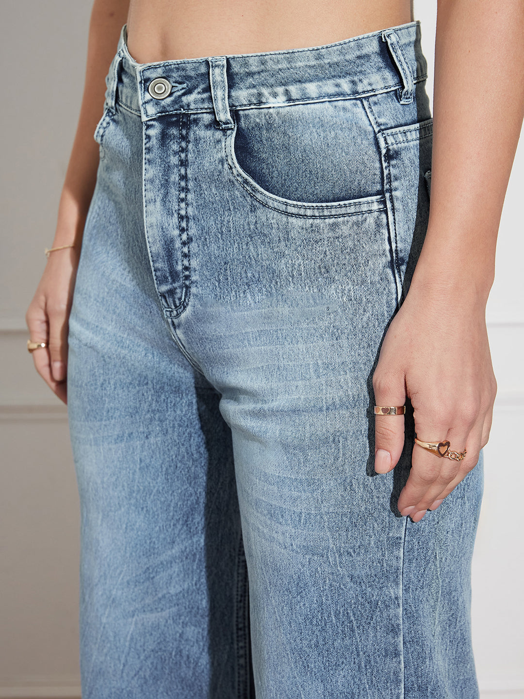 Women's Light Blue High Rise Clean Look Regular-Length Stretchable Denim Wide Leg Shaping Jeans