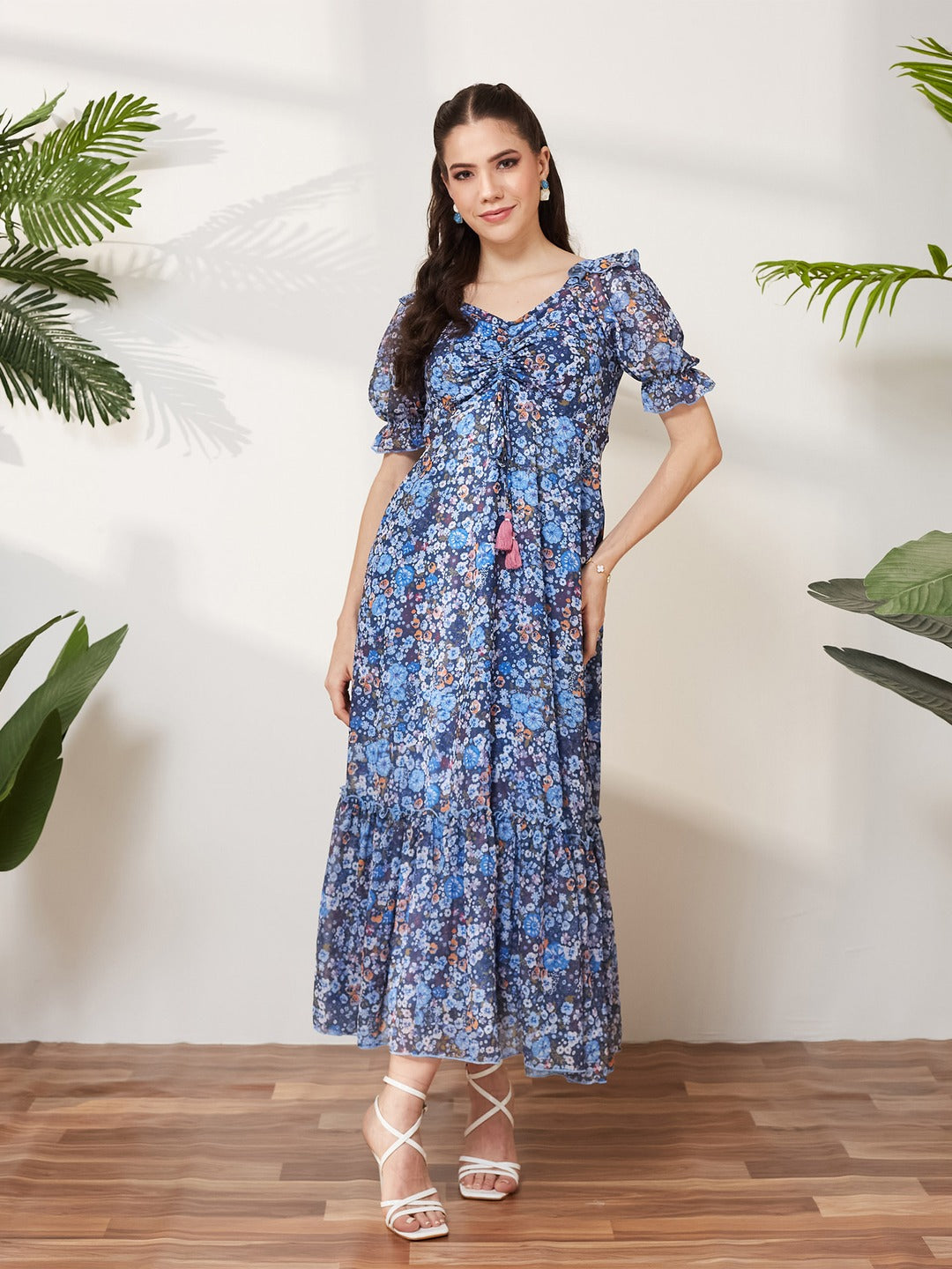 Navy Blue V-Neck Puff Sleeve Floral Ruching Ankle-Length Dress for Women