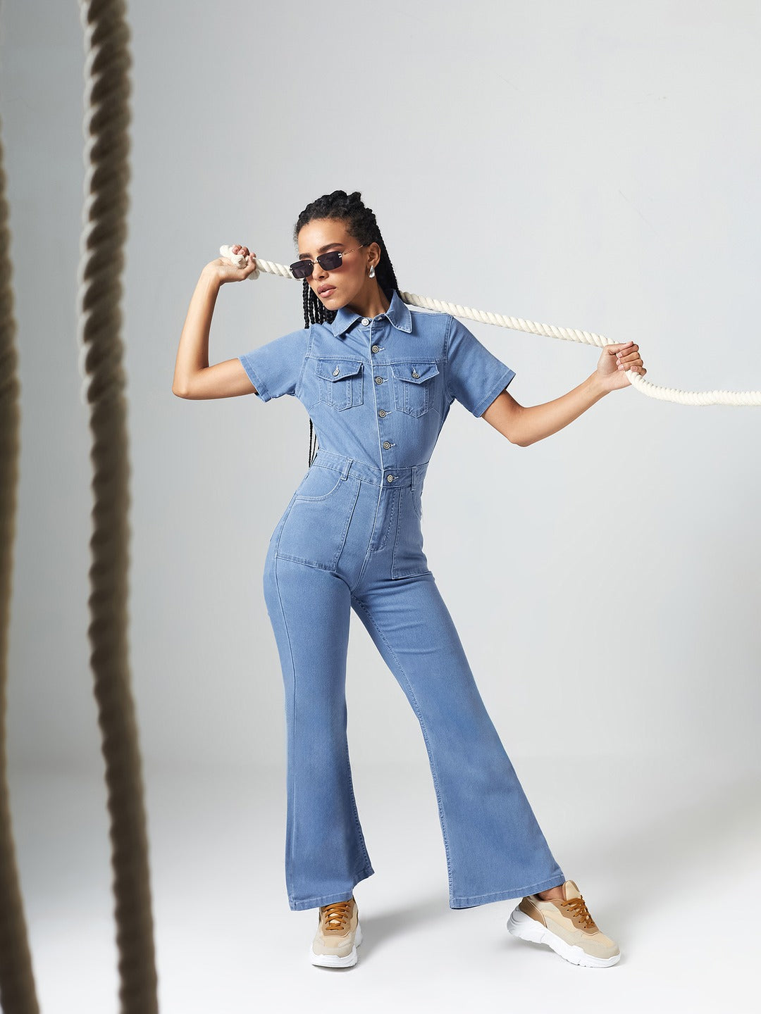 Light Blue Flared High Rise Regular Length Stretchable Denim Jumpsuit for Women