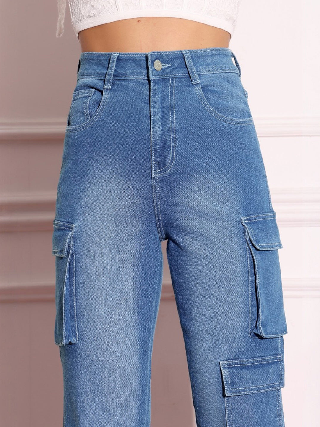 Women's Mid-Blue Regular High-Rise Regular Stretchable Denim Joggers