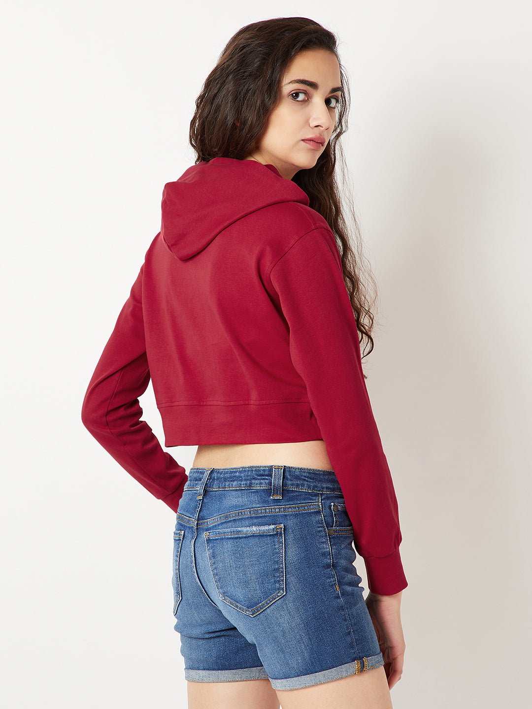 Women's Maroon Solid Round Neck Full Sleeve Hooded Boxy Multicolored Twill Tape Detailing Crop Sweatshirt